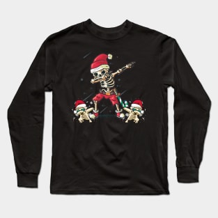 funny christmas dabbing skeleton with pugs Long Sleeve T-Shirt